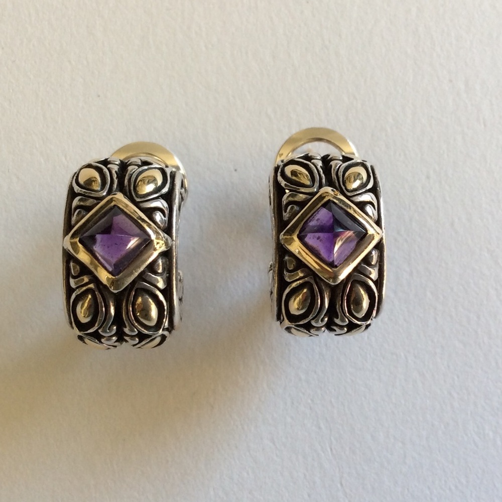 John Hardy earrings; amethyst, sterling & 18k gold
